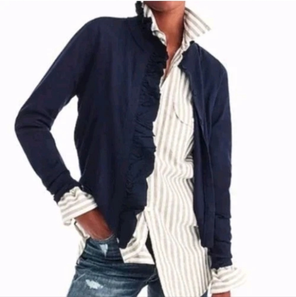 J Crew Merino Wool Ruffled Mockneck Cardigan Fitted Sweater Slim Large Navy Nwt